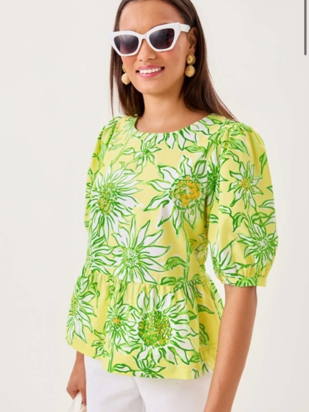 Lilly Pulitzer Hisli  Yellow and green  Floral Peplum Top with back bows-EUC!